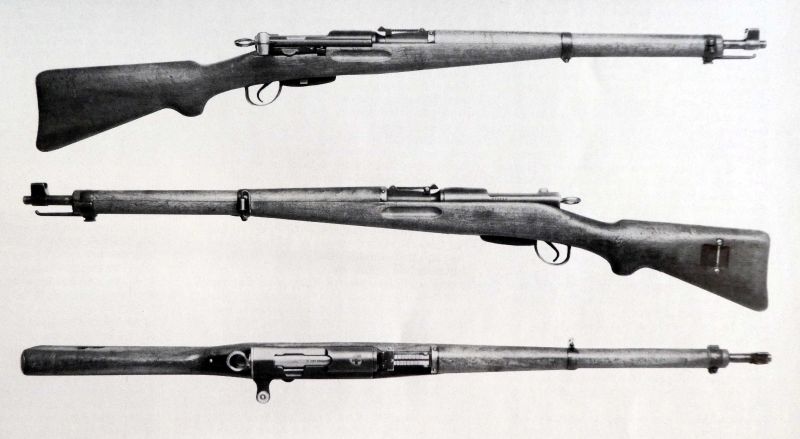 Fig. 1 - Mosquetão modelo 1931, marca Schmidt–Rubin, fabricação Waffenfabrik Bern, calibre nominal 7,5x55 Swiss, de repetição não automática por acionamento de ferrolho reto (straight-pull bolt action). Créditos da imagem: Association Fort de Litroz.